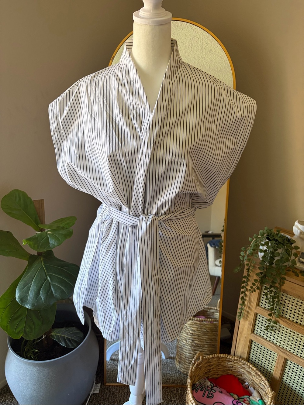 Zara Striped Wrap Shirt - White with Navy Pinstripes